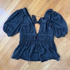 dolan Black Puff Sleeve Tie-Back Peplum Top From Anthropologie